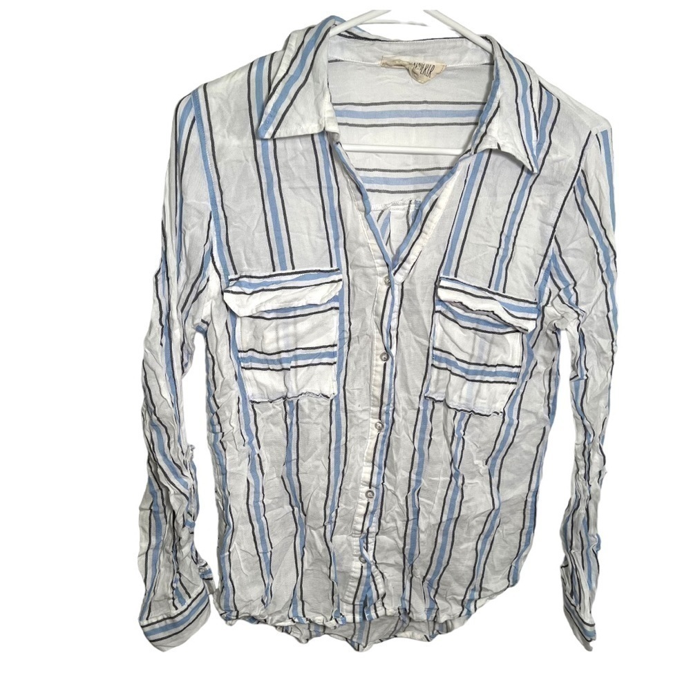 Sweet Wanderer Women's Size Large Button Down Blouse White Light Blue Stripes